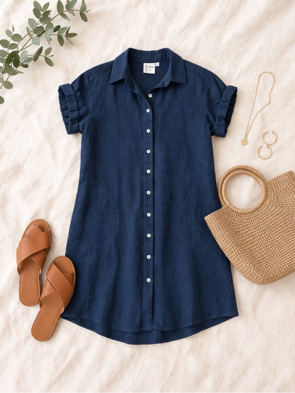 Finley Navy 100% Linen Button Front Shirt Dress XS Made in USA